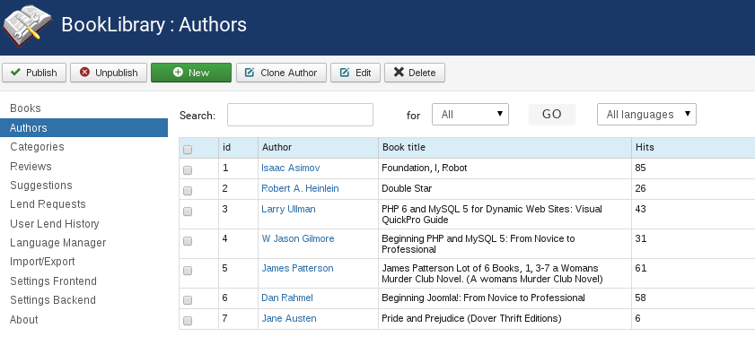 Authors menu in Joomla library extension