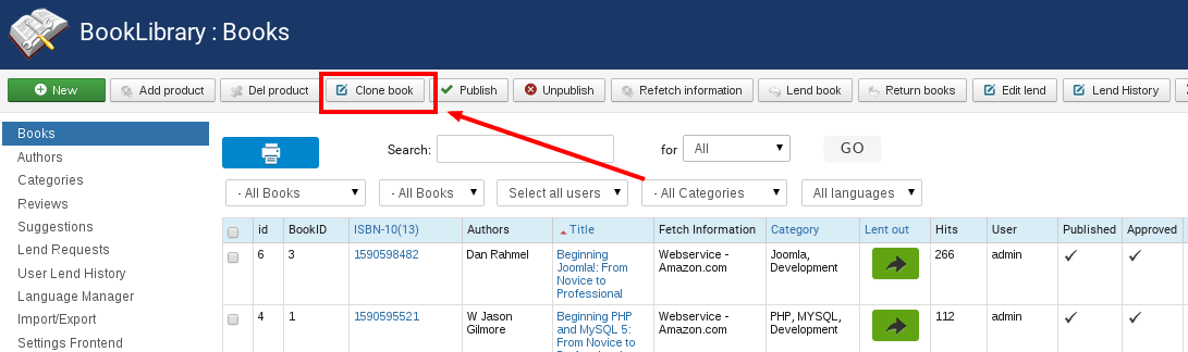 Clone books in Book Library Joomla software