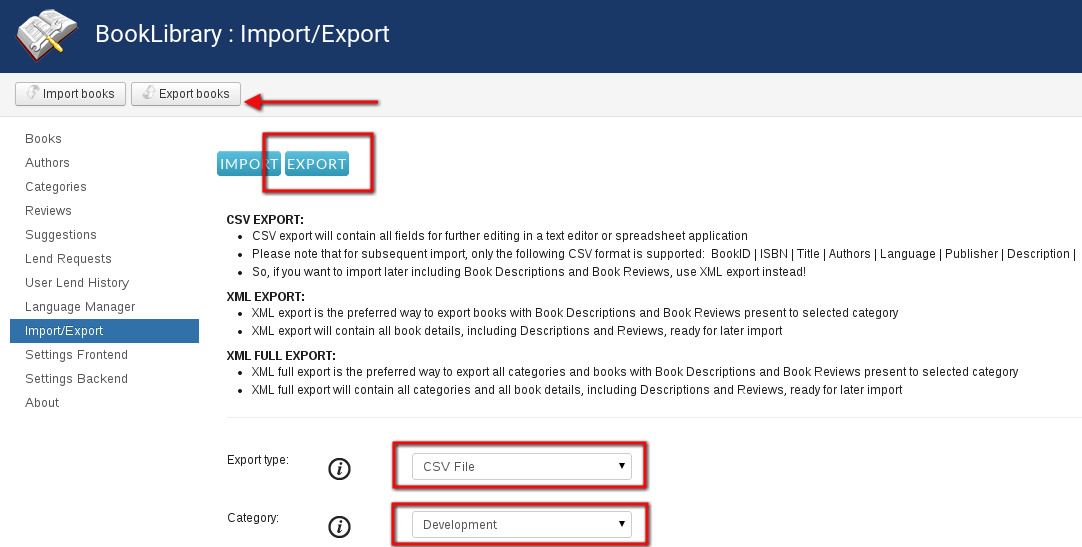 CSV Export in the backend of Joomla book lending software