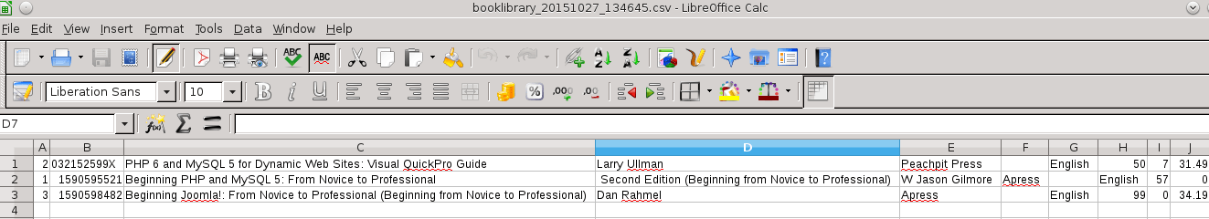 Result of Importing CSV file to Libre Office Calc in BookLibrary
