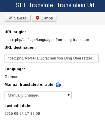 URL edition in SEF Translate, Joomla extension for automatic translations