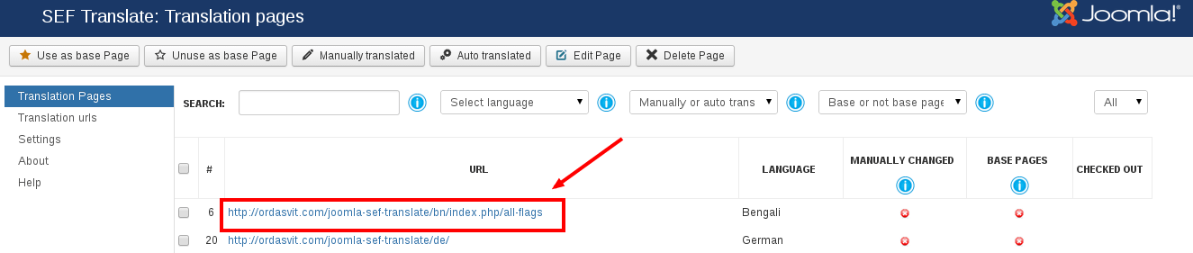 Tab Translation Pages in Joomla extension for automatically website translation - Sef Translate