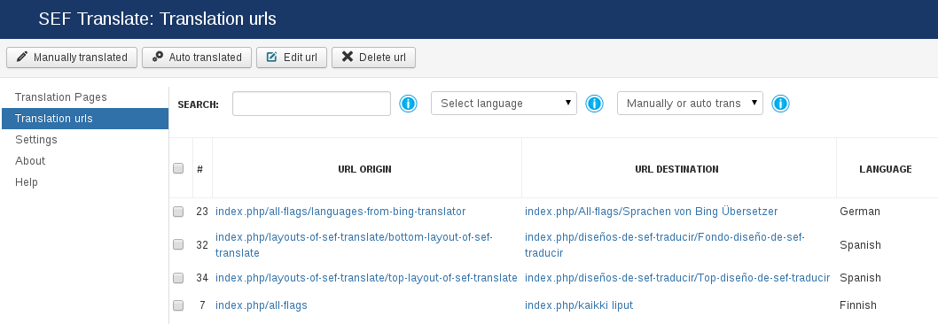 URLs manager in SEF Translate, Joomla extension for automatic translations