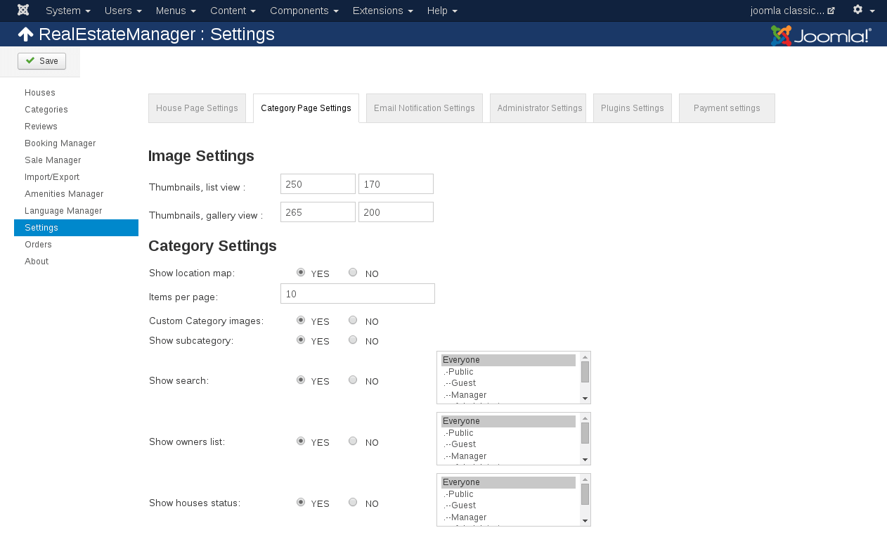 Category Page Settings in real estate listing software