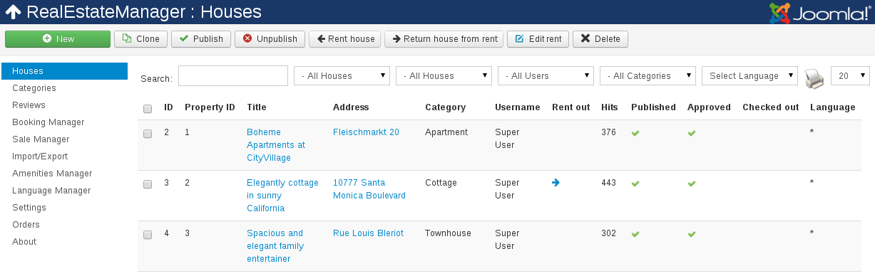 Manage Houses in Real Estate Manager, property management joomla listing software
