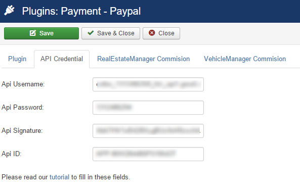 Paypal plugin API credentials in real estate portal software