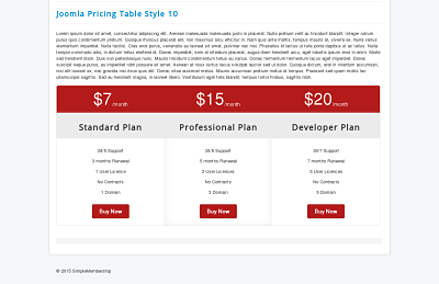 3 column Joomla membership website software Pricing Table