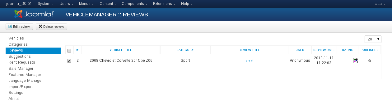 submitted vehicle reviews on a single page in Vehicle Manager - Joomla car rental dealer software