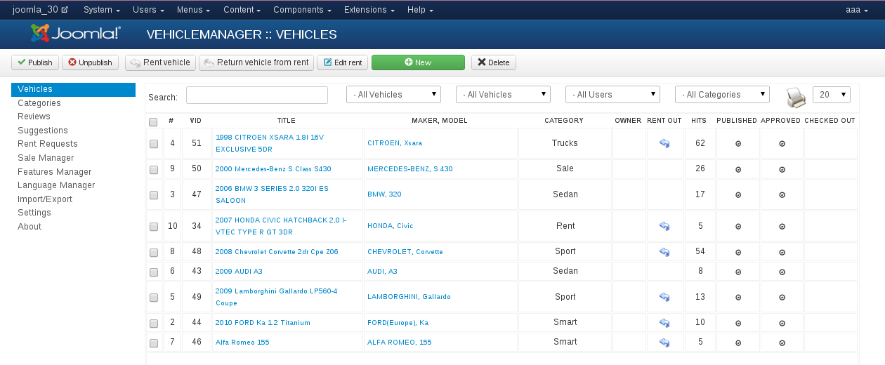 Manual Vehicle entry in Vehicle Manager - Joomla car rental dealer software, for rent and sell cars