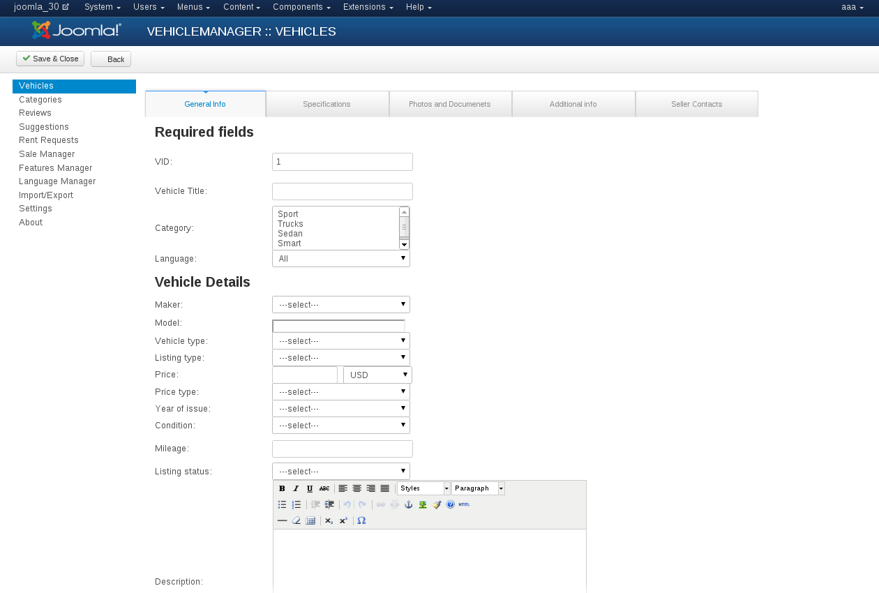 General Info about Vehicle manager - Joomla car rental dealer software, for rent and sell cars
