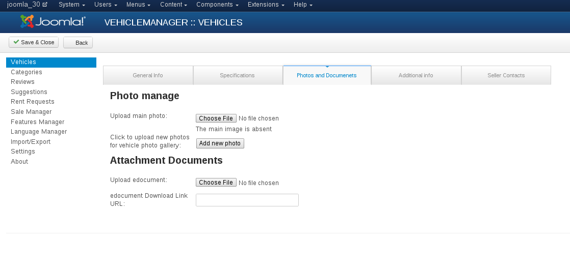 Photos and documents in Joomla car rental dealer software