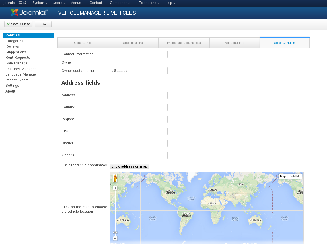 Manually add Seller contacts in Vehicle manager - Joomla car rental dealer software