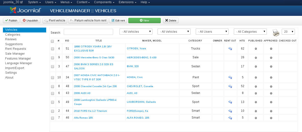 In Vehicle Manager - Joomla Car dealer software, you can apply the action to one or more vehicles