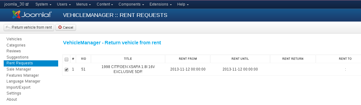 Return Vehicle from rent in Joomla Car dealer software