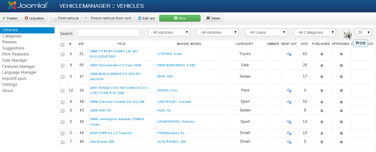 print reports in section Manager of Vehicles in Joomla car rental dealer software - Vehicle Manager