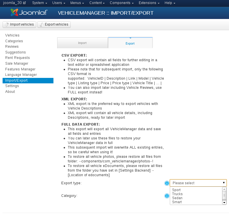 XML Export in Vehicle Manager - Joomla car rental dealer software
