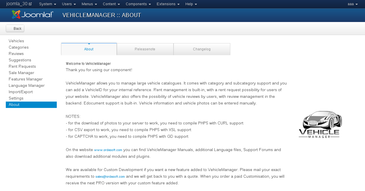 Main information about Vehicle Manager - Joomla car dealer software