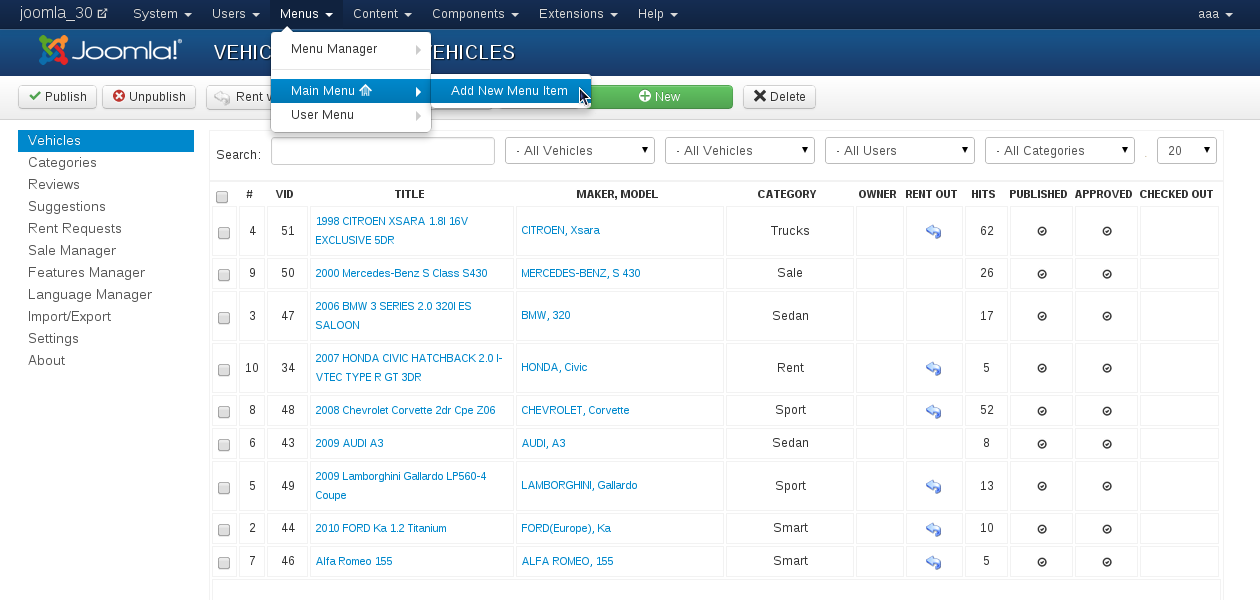 create menu item to allow access to vehicle manager