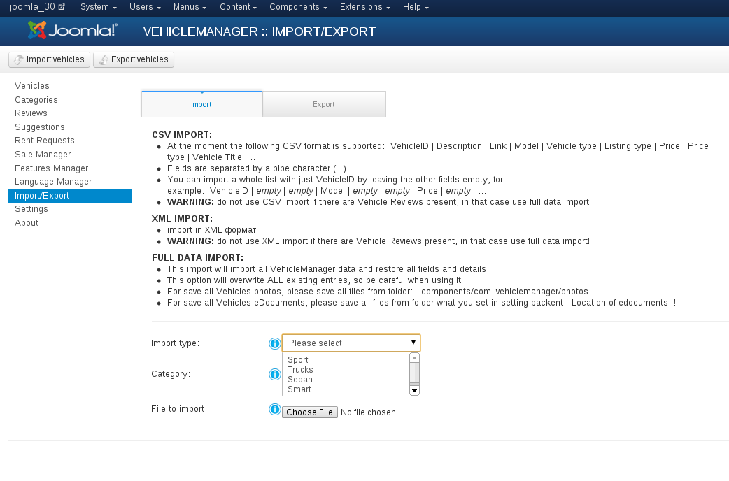 Importing an XML file in Vehicle Manager - Joomla car rental dealer software, for rent and sell cars