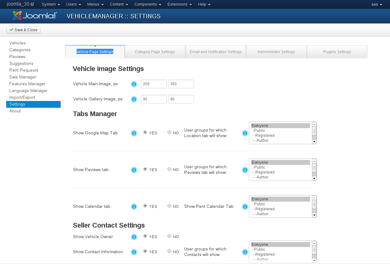 Vehicle Page Settings in Joomla car rental dealer software