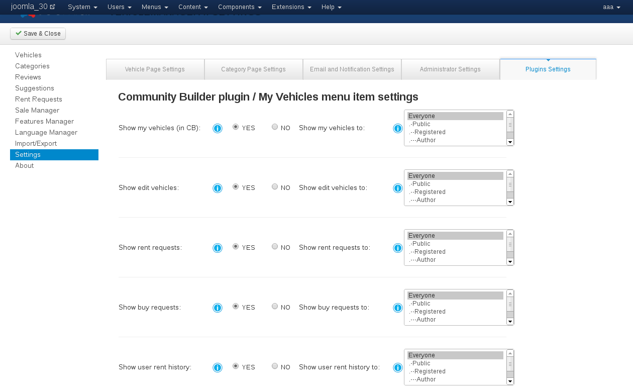 Plugins Settings of Vehicle Manager - Joomla car rental dealer software