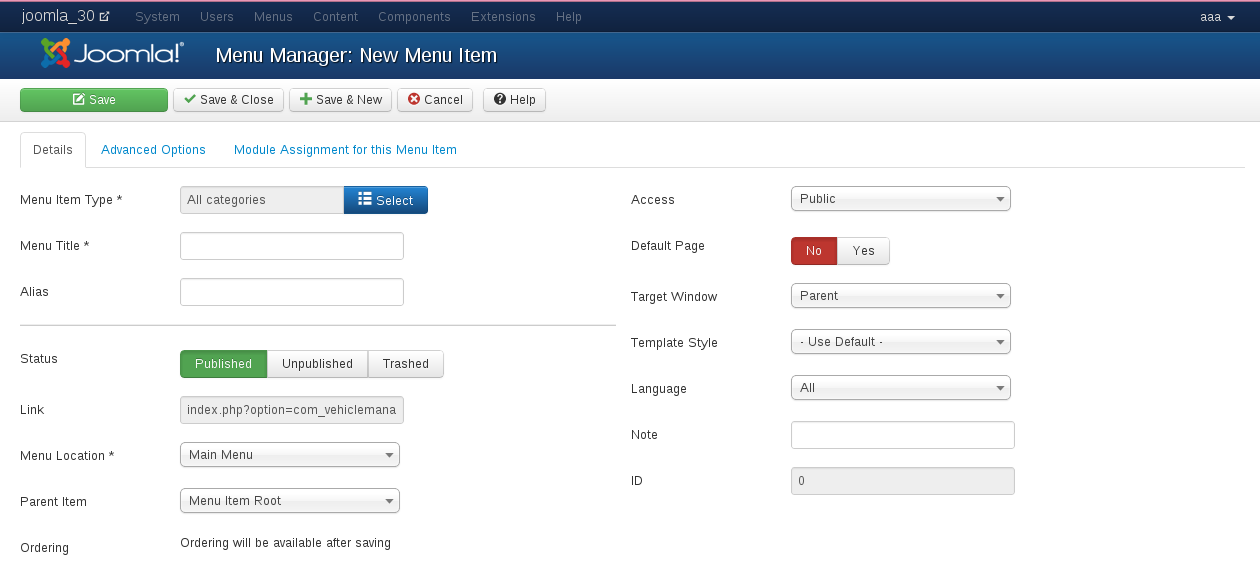 create a menu item for Menu entry Joomla Car dealer software