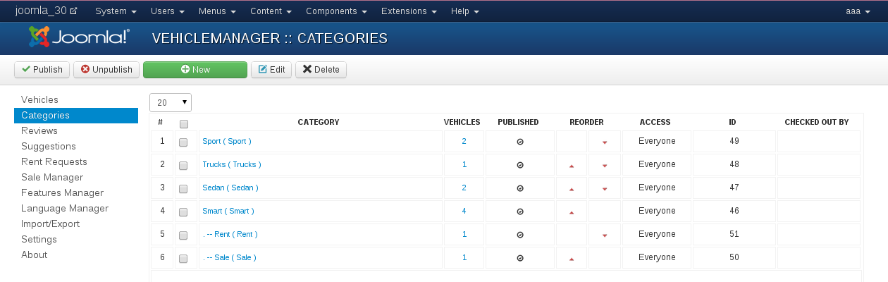 Vehicle Manager - create categories which will hold the vehicles