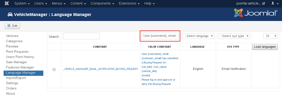 Language Manager in Vehicle manager, Joomla car rental dealer software