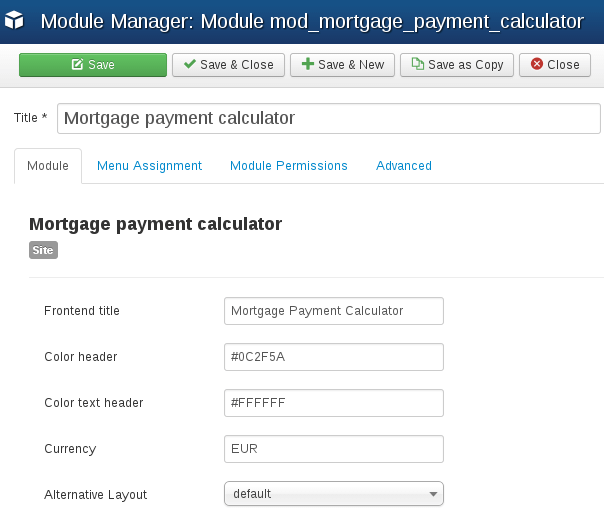 Settings of Mortgage Payment Calculator 