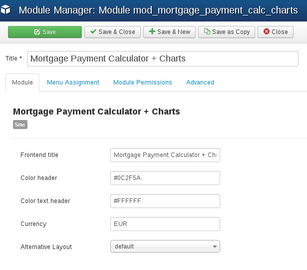 Settings of Mortgage Payment Calculator with Charts