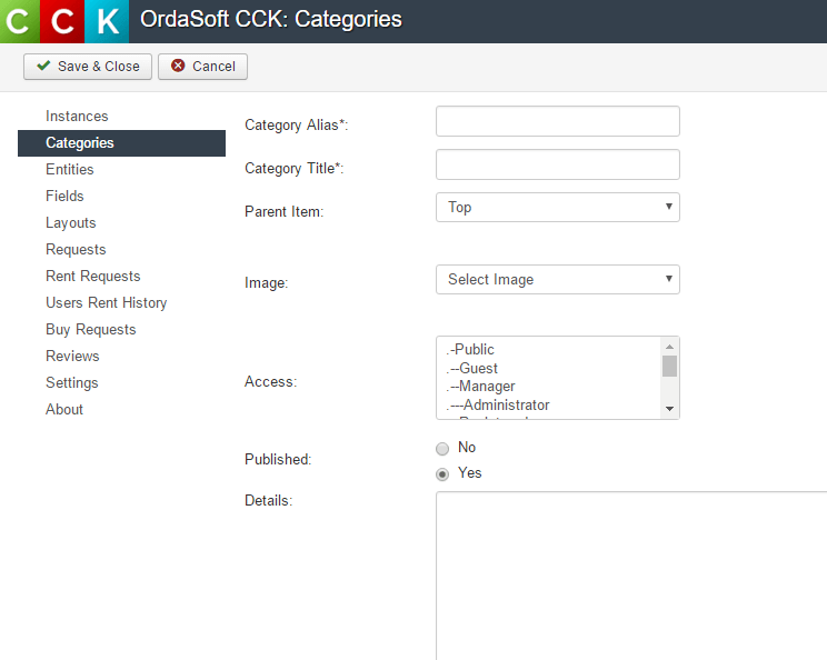 add category in Joomla CCK - website builder