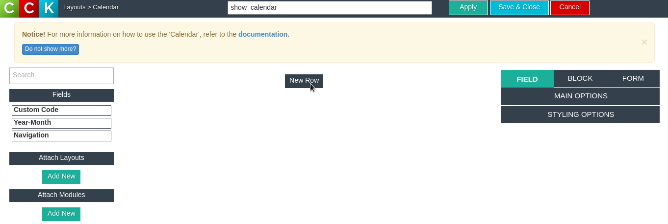 button New row in Joomla CCK - website builder