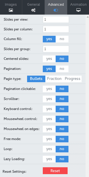 Ability reset settings to default in image slider joomla