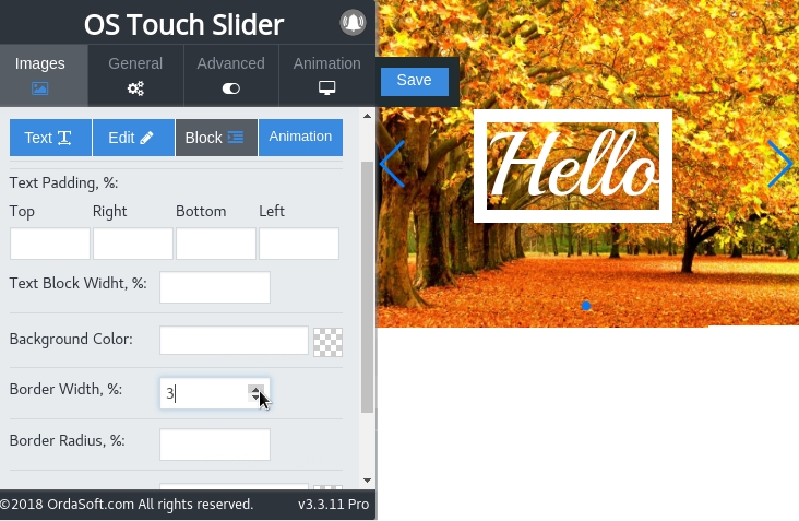 Put the text in the frame and resize the frame in image slider joomla