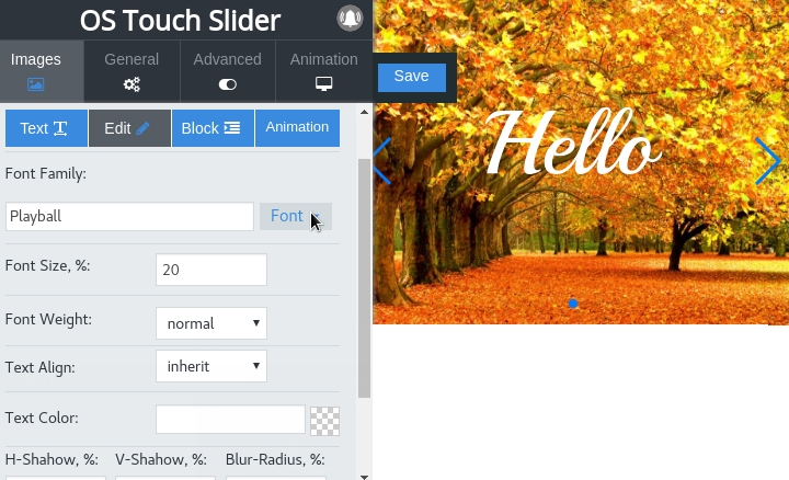 real-time frontend editor of text style with google fonts in image slider joomla
