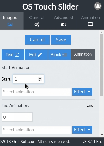 Start and end time of animation text in photo joomla slider