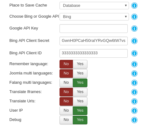 Settings for Joomla translation extension Google API Bing API 