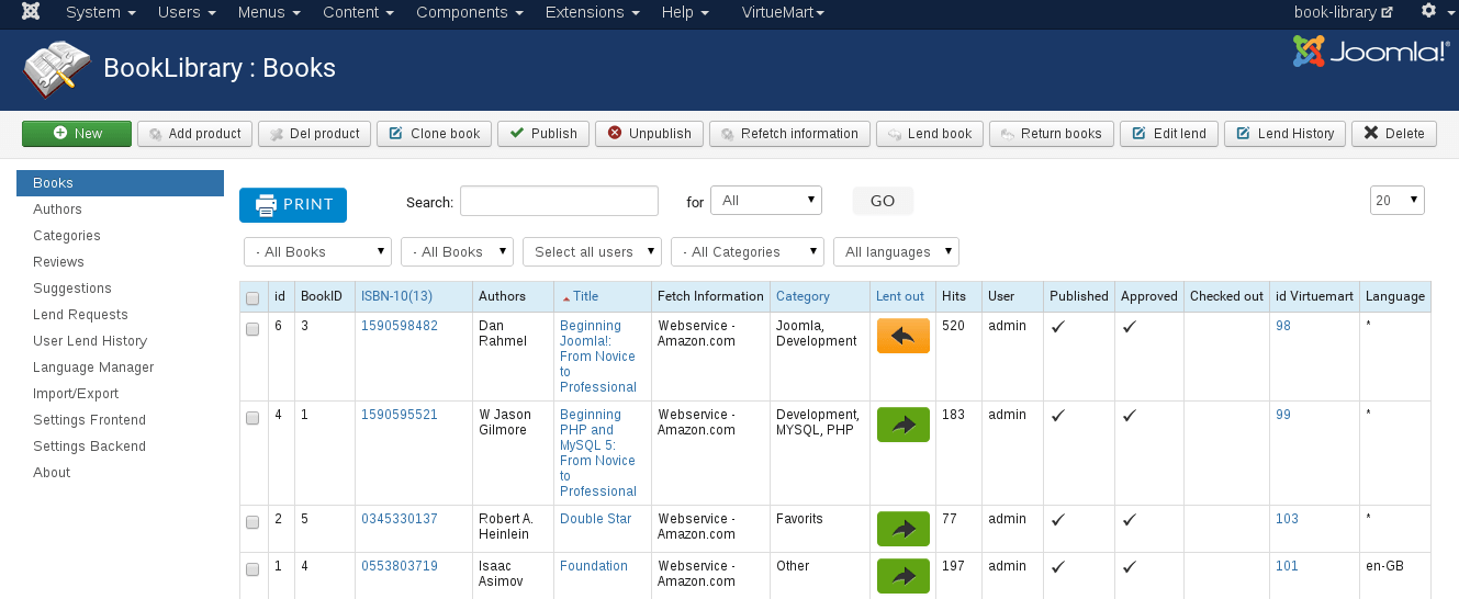Joomla Books Manager, backend