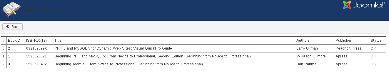 Results of CSV Import in Book Library for Joomla 3.x