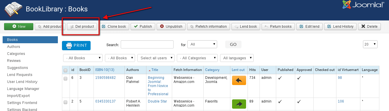 Delete Book from Virtuemart in Book Library, ebooks store software