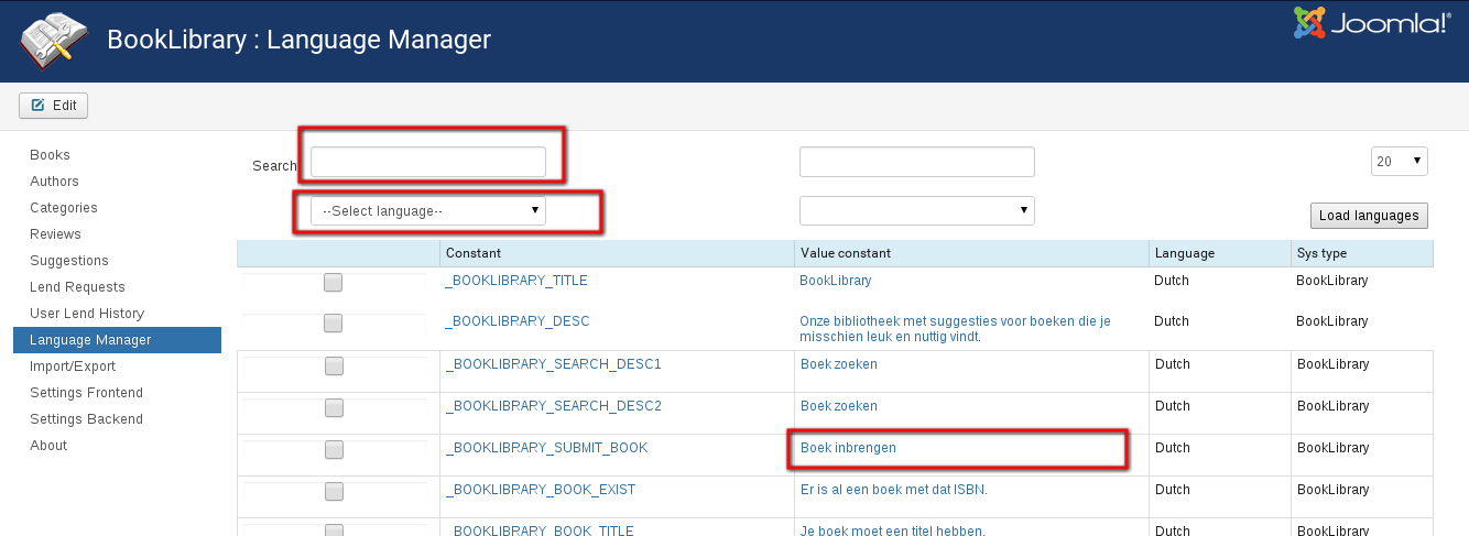 Language Manager in Book Library Joomla