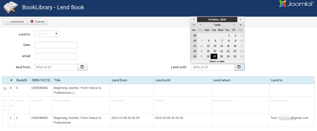 Lending books from the backend, joomla book extension