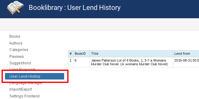User Lend History in Bool Library, Joomla online library solution