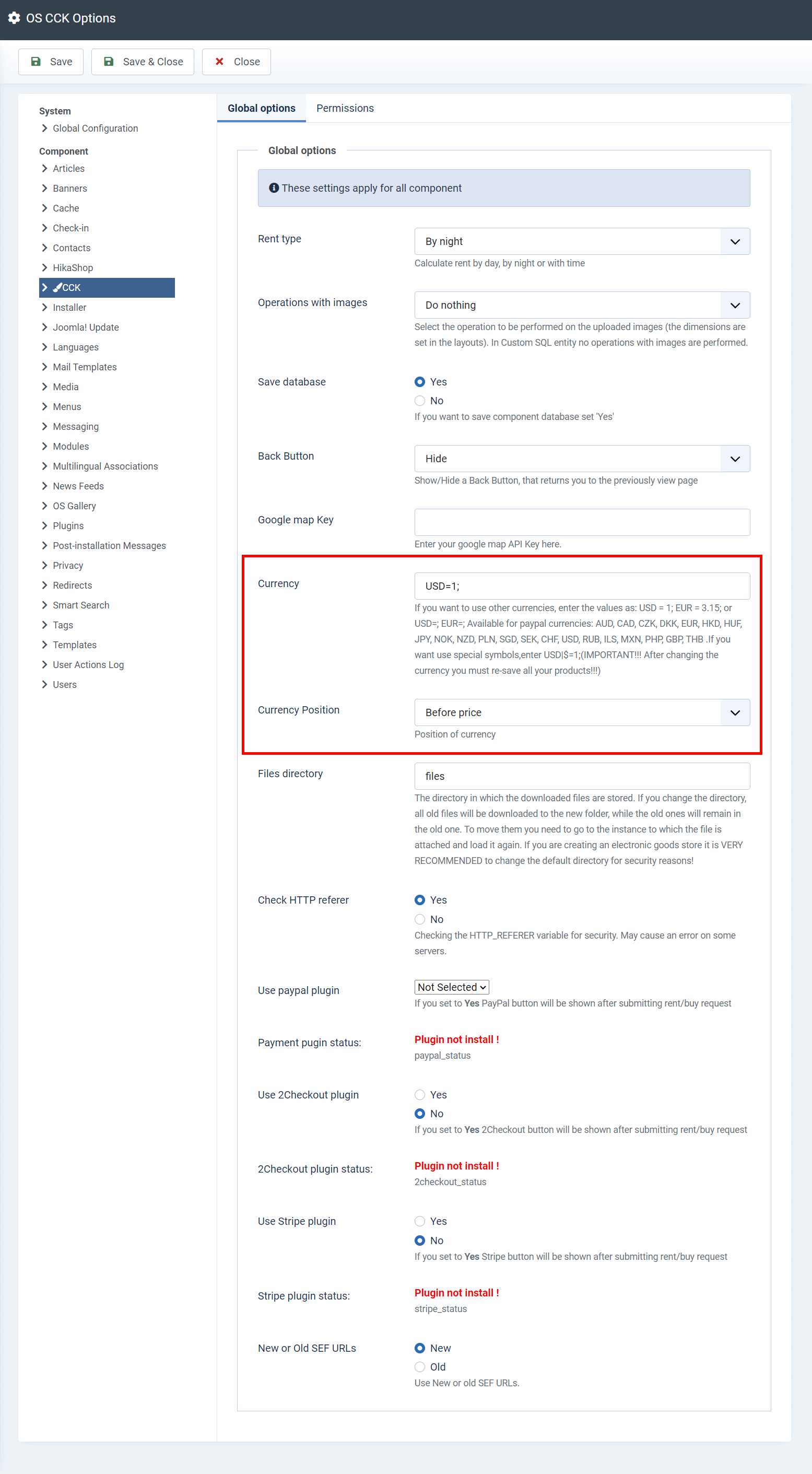 joomla cck setting options currency