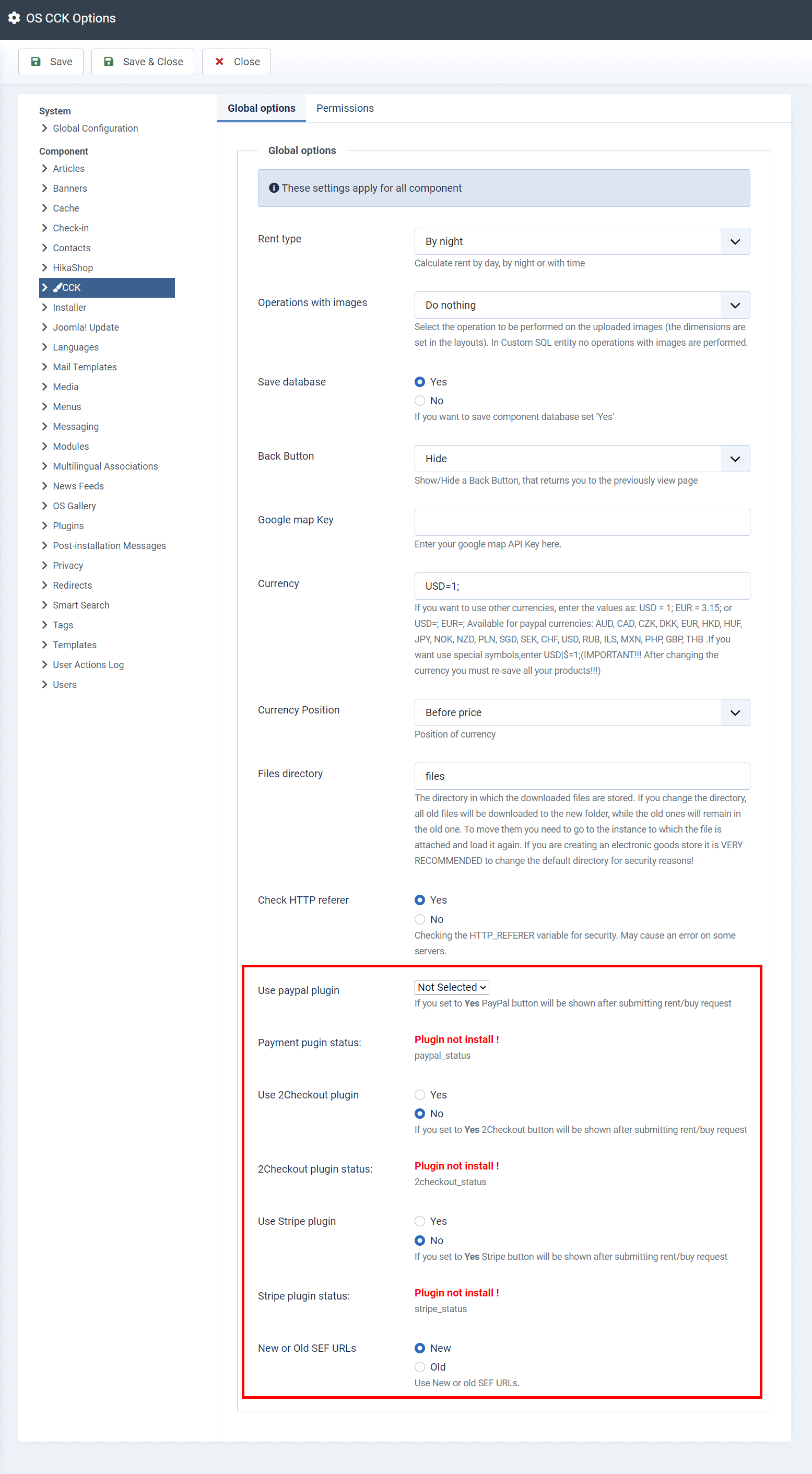 joomla cck setting options payment