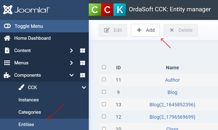 joomla cck add entities