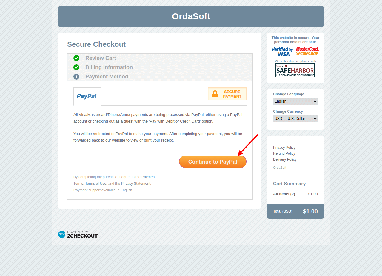 ordasoft continue with paypal