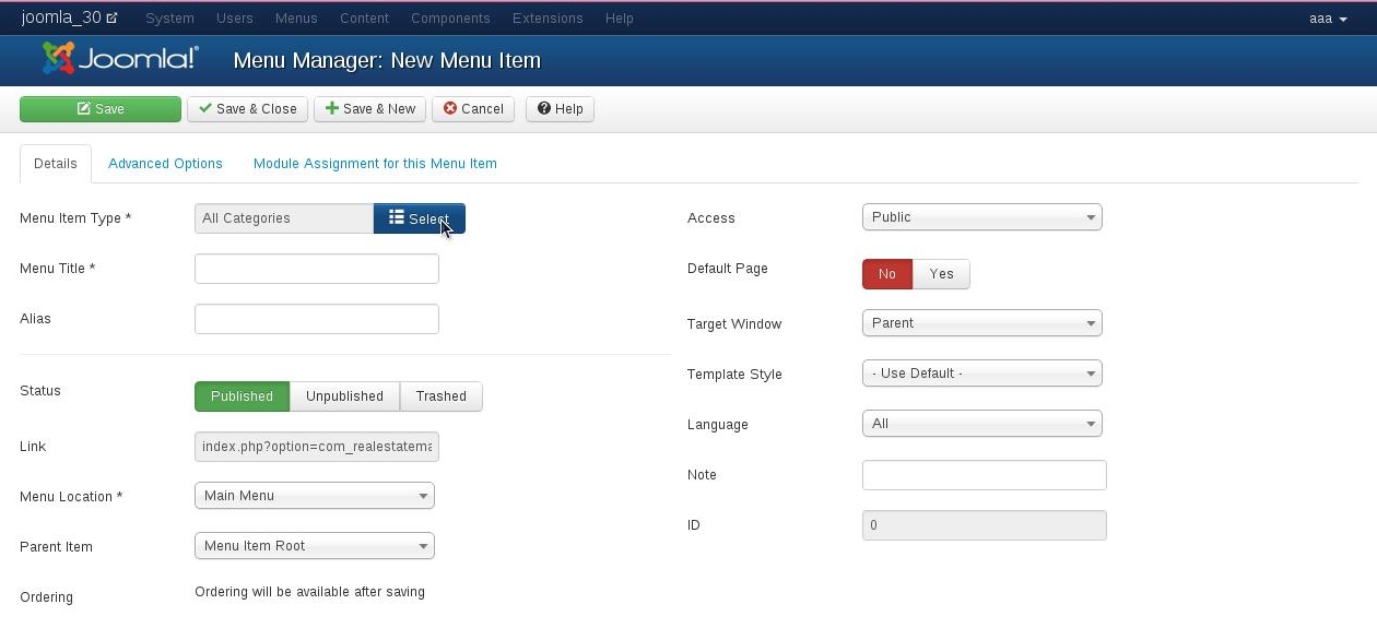 Add New Menu Item in real estate website software