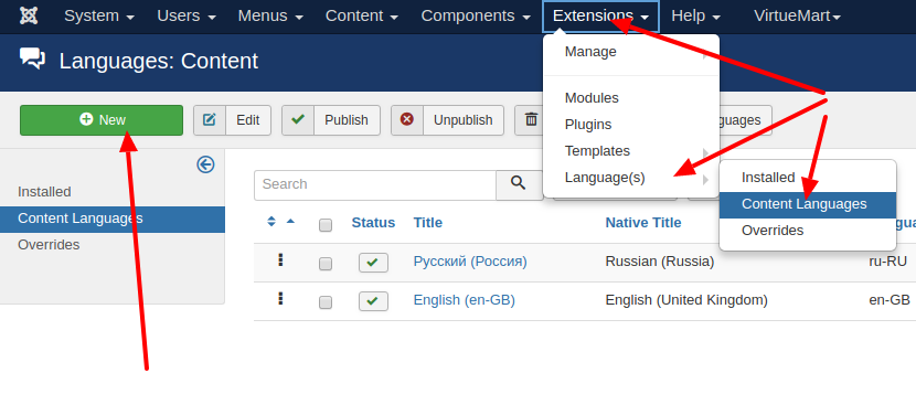 Install new content language to Joomla