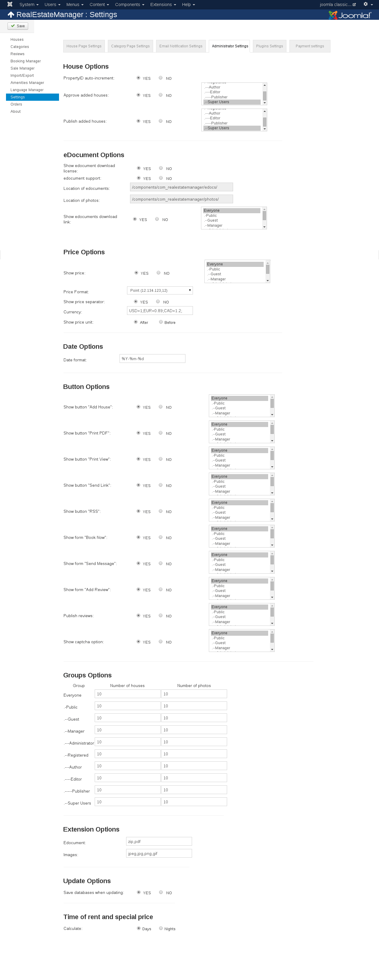 Administrator settings in real estate manager - property management joomla listing software
